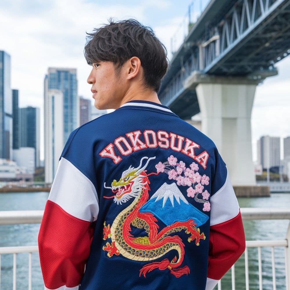 YOKOSUKAの刺繍が入ったスカジャンを着て、横須賀の街並みを背景に歩く男性