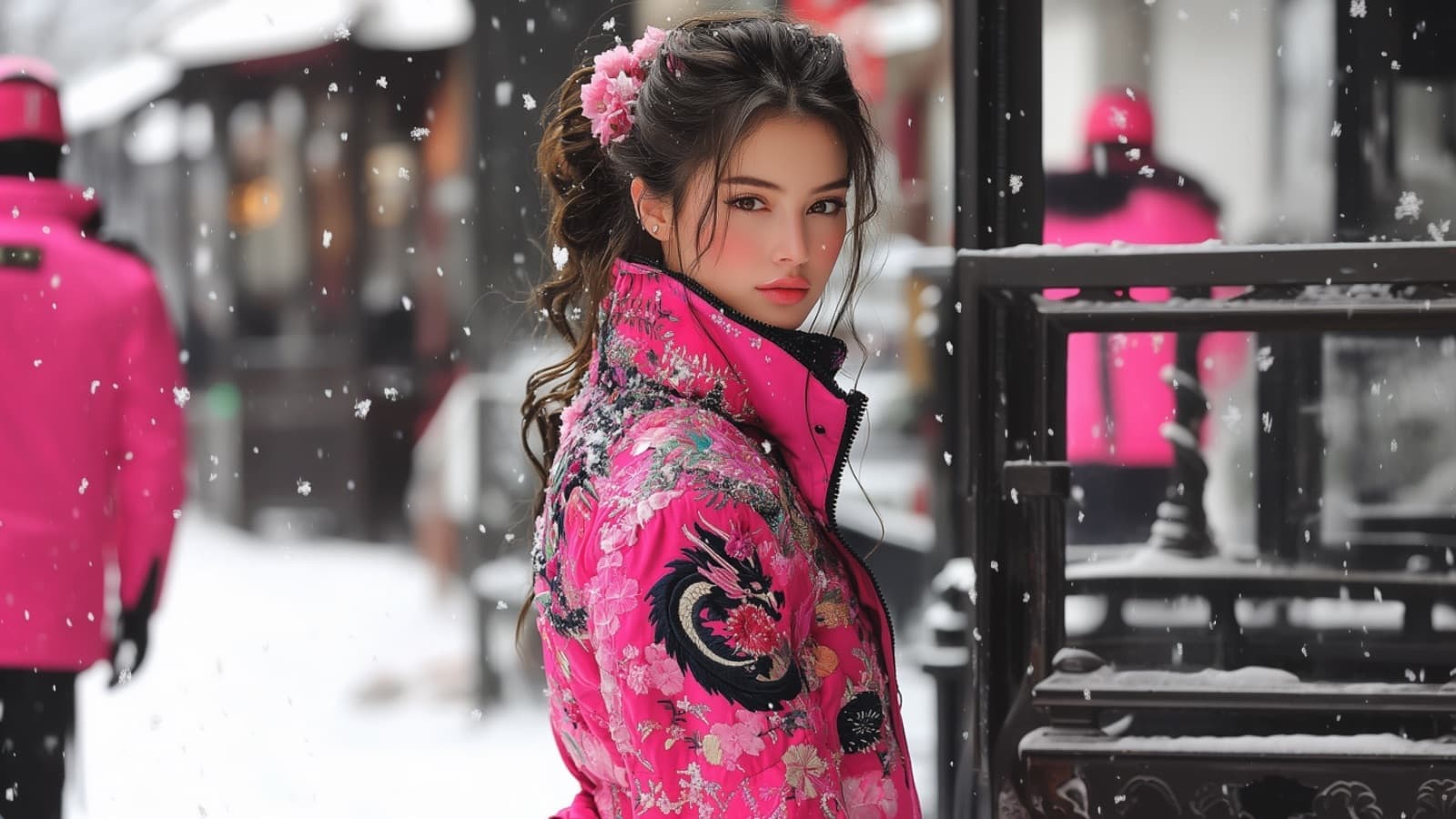 雪の降る街並みでピンクの龍柄スカジャンを着こなす女性モデル。和の要素を取り入れた華やかなデザイン。