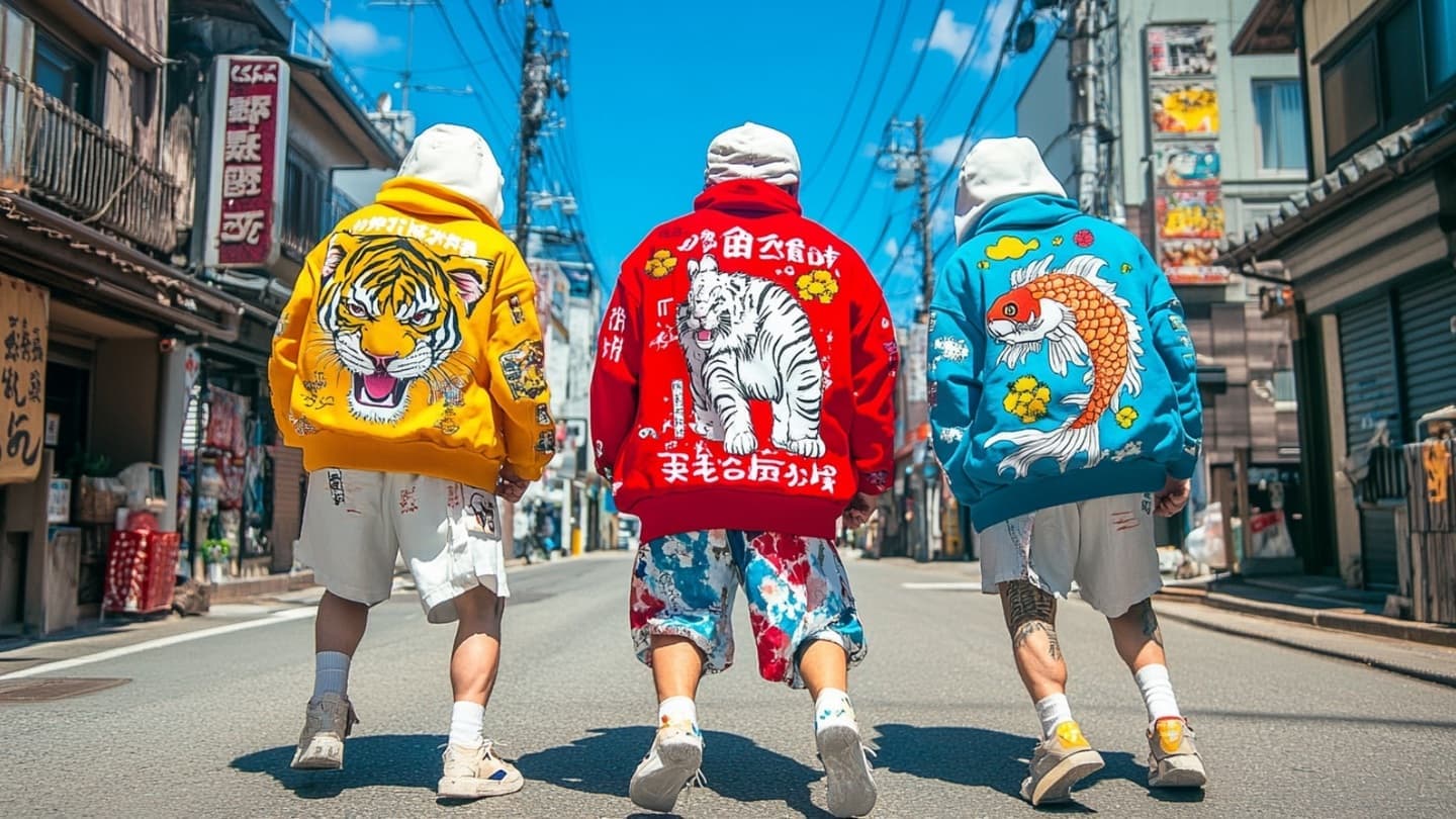 虎・白虎・鯉の刺繍が入ったスカジャンを着た3人組が日本のレトロな街並みを歩く
